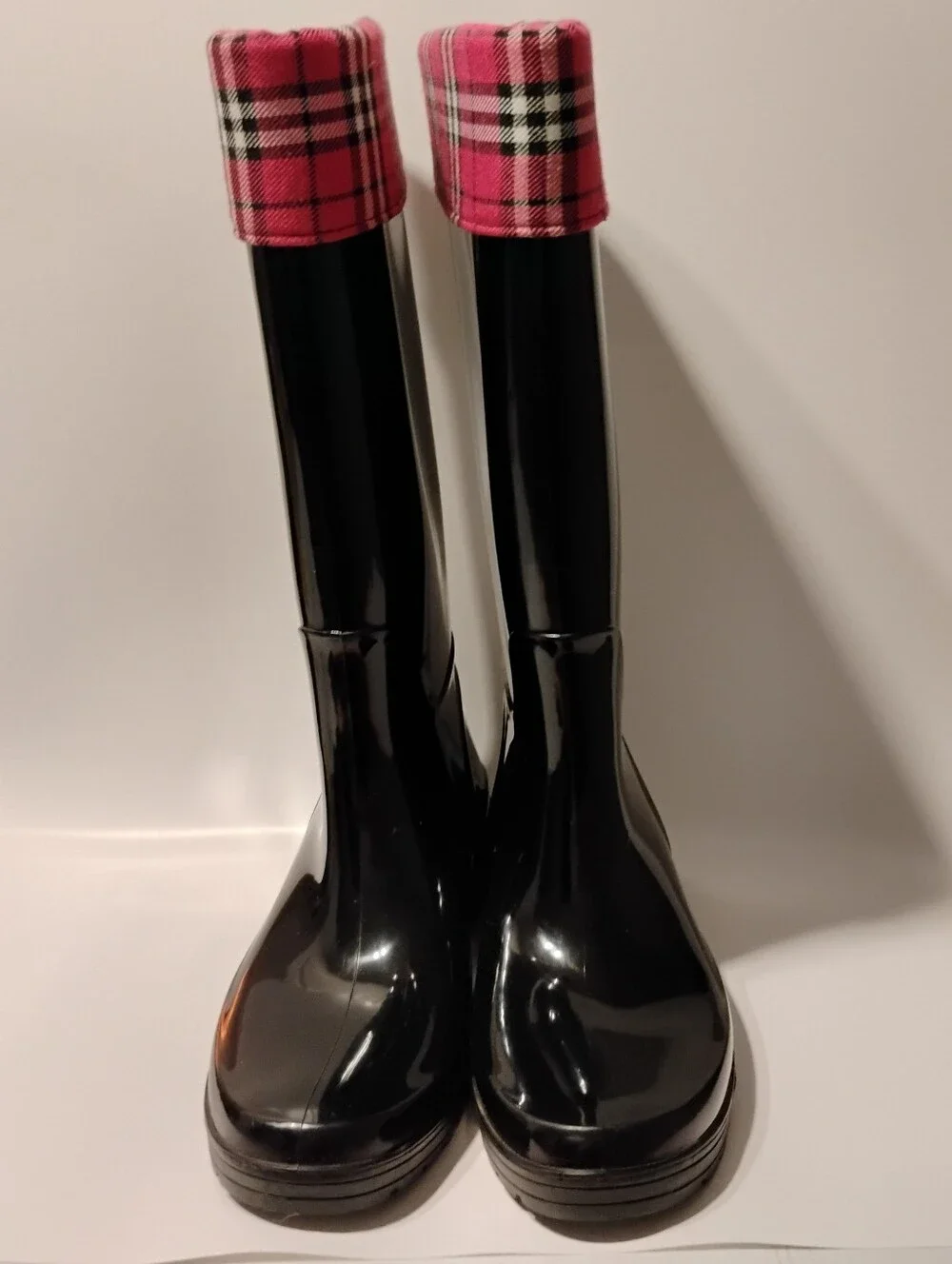 Sohne Rain Boots Rubbery Waterproof Plaid Cuff All Year Wellies Black Pink 9